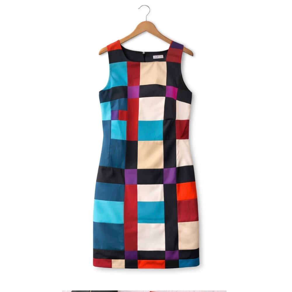 Gather Beauty Patchwork Silk Dress Geometric Colorblock UK 8 US 4 EU 36